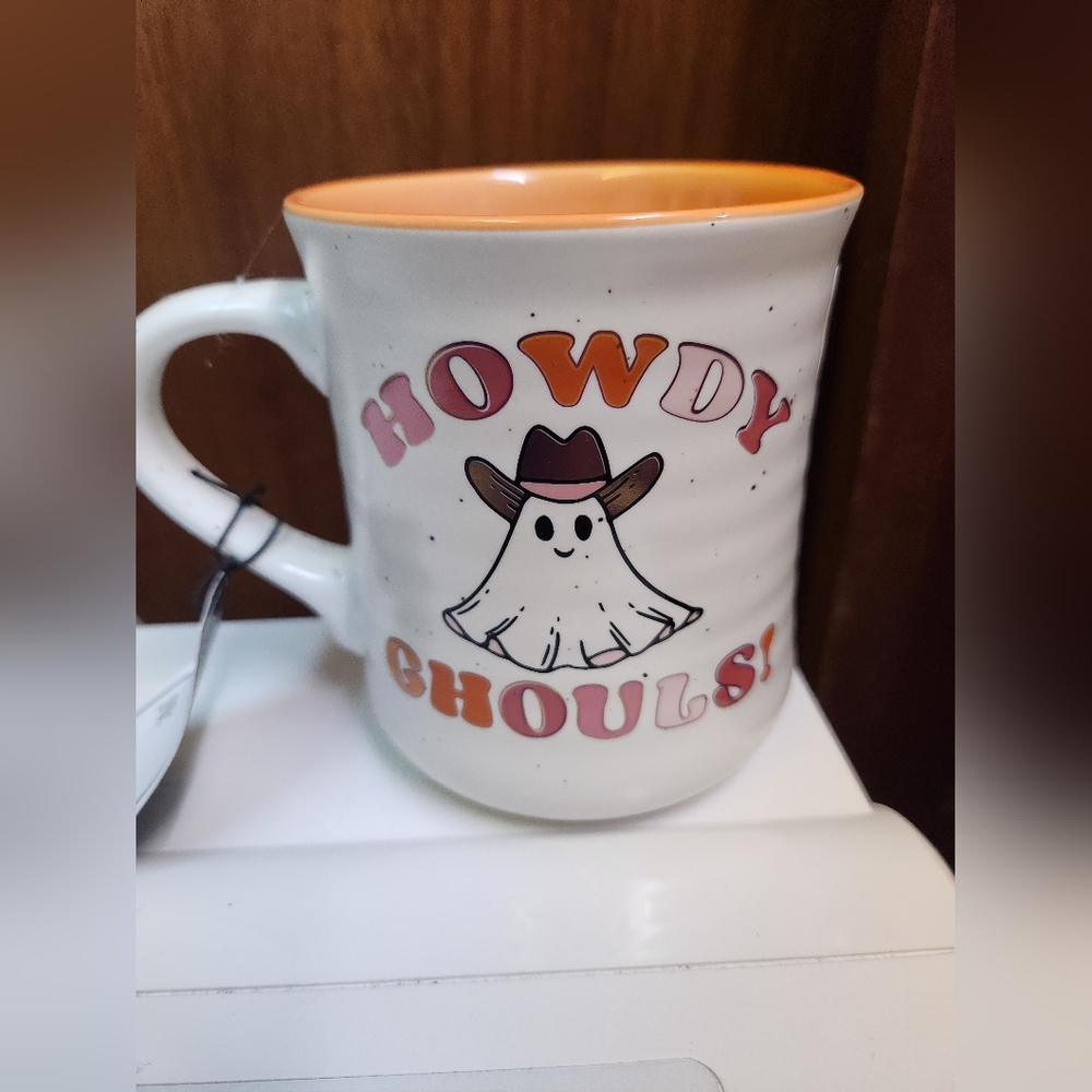 Halloween Mug Howd Ghouls Cowboy Ghost Cobwebs And Cauldrons NWT